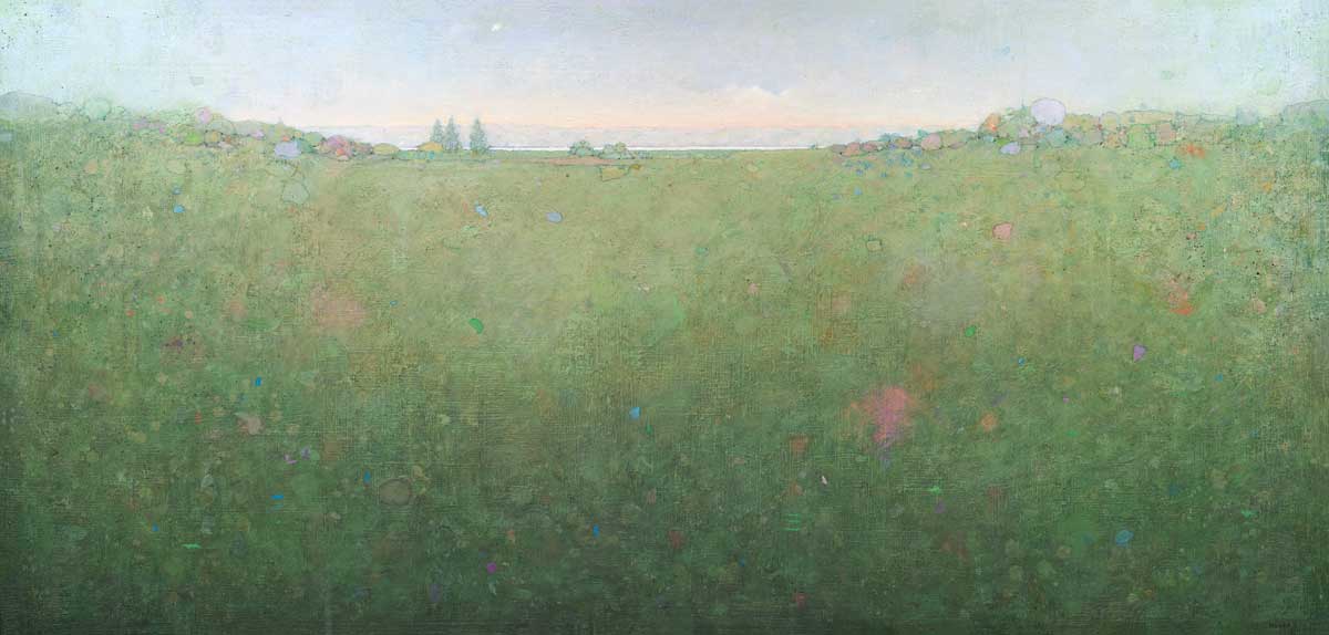 A light blue sky sits above a vast green landscape with multicolored accents.