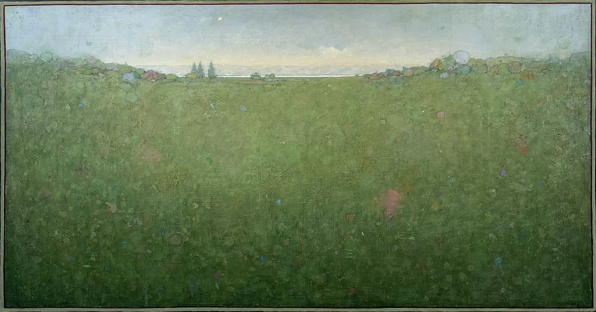A green and blue abstract landscape by Elwood Howell with multicolored accents.