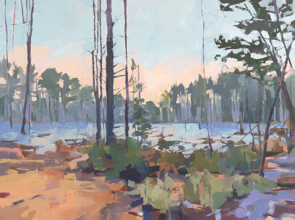 A light blue, green, brown and purple abstract landscape print by Bri Custer.