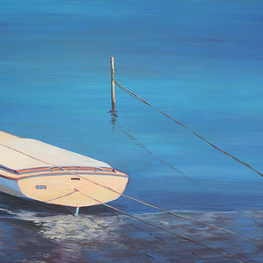 A painting of a docked sailboat in deep blue water. Wired and ready to hang.