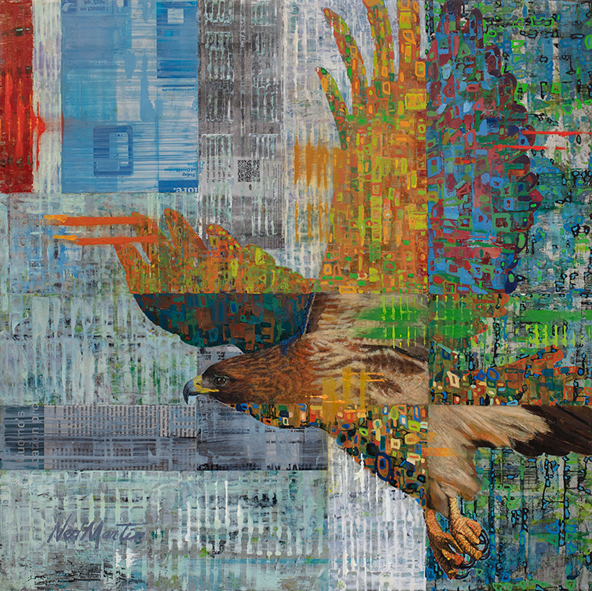 A multicolored abstract print of a flying eagle by Ned Martin.