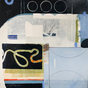 A grey, blue, green and white abstract collage by Deborah Colter.