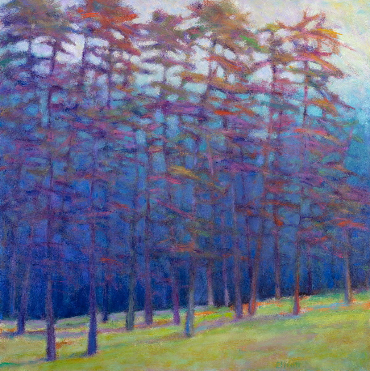 A blue, green, red and pink abstract landscape print by Ken Elliott.