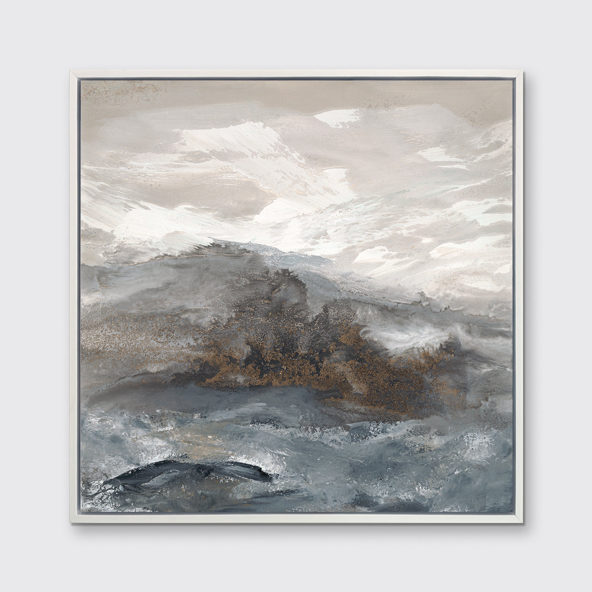A beige, white, brown and grey abstract print in a white floater frame hangs on a white wall.