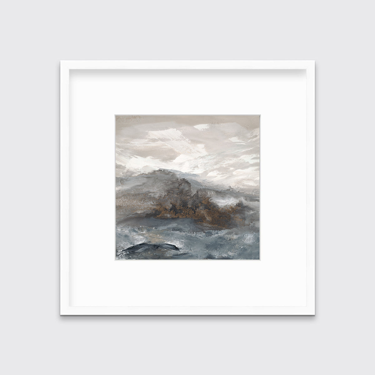 A beige, white, brown and grey abstract print in a white frame with a mat hangs on a white wall.