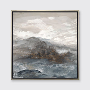 A beige, white, brown and grey abstract print in a silver floater frame hangs on a white wall.