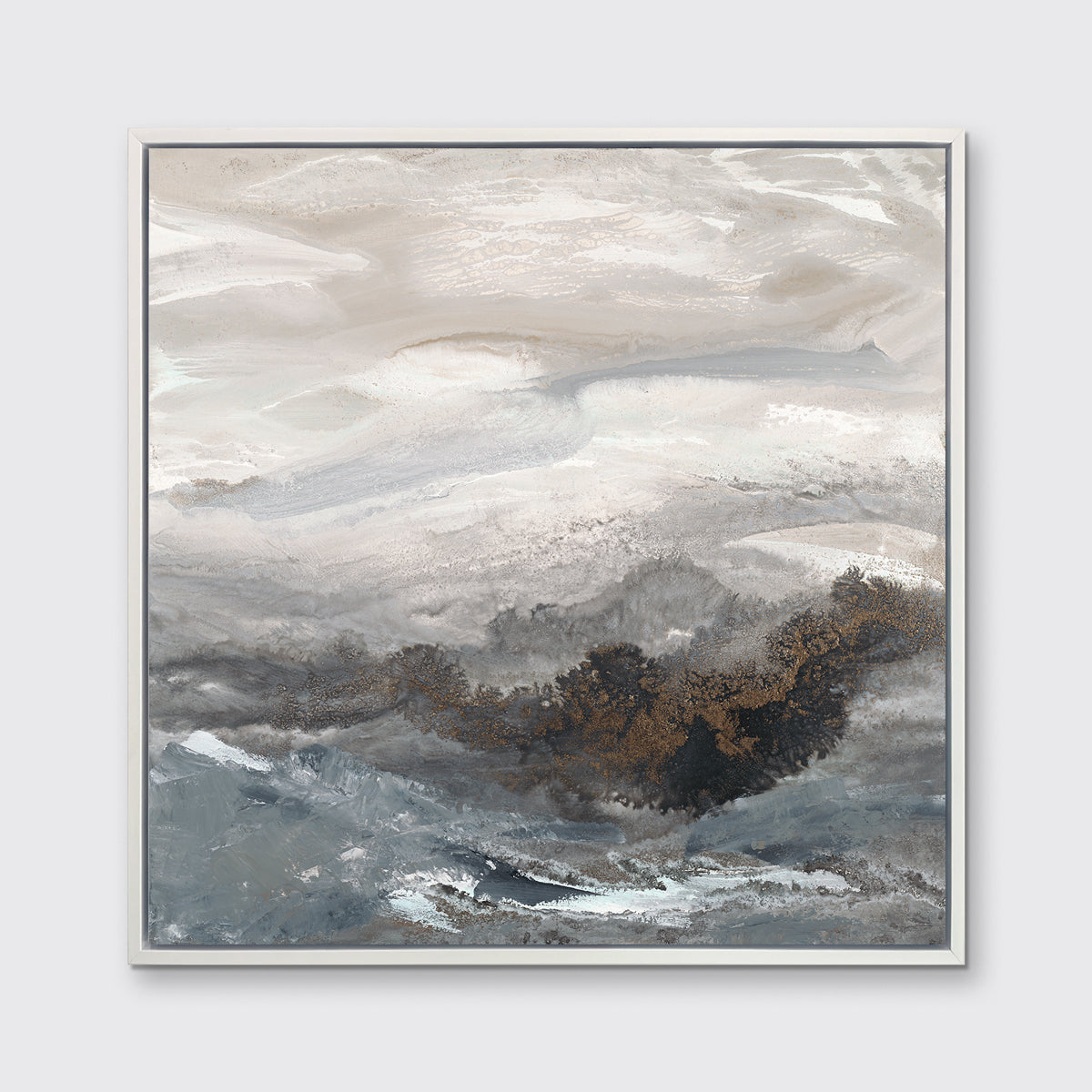 A beige, white, brown and grey abstract print in a white floater frame hangs on a white wall.