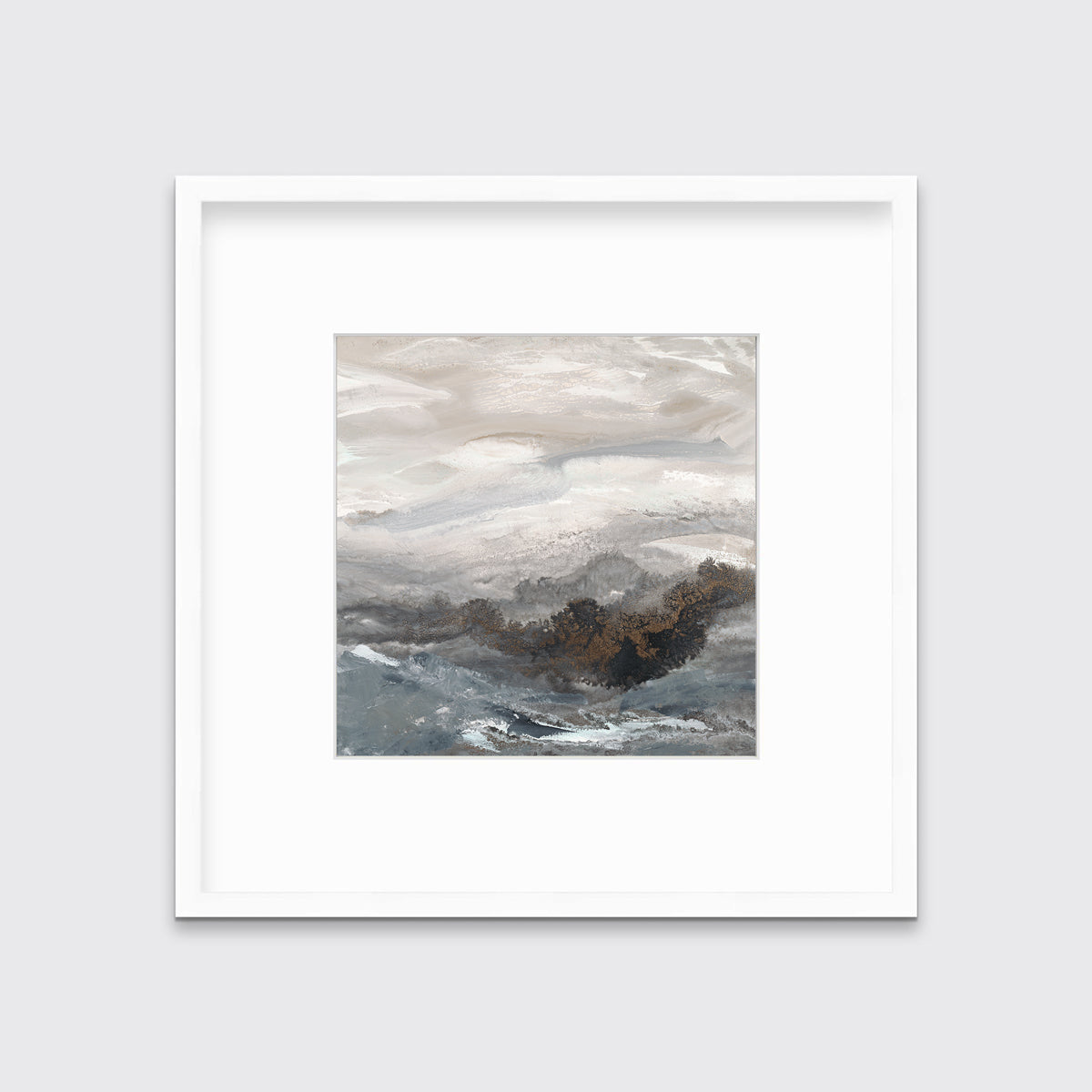 A beige, white, brown and grey abstract print in a white frame with a mat hangs on a white wall.