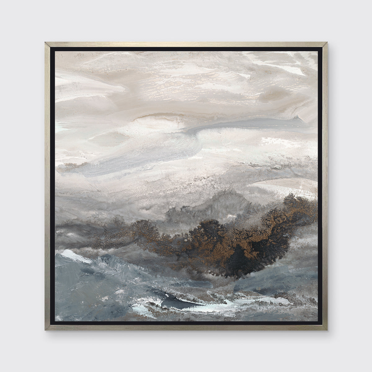A beige, white, brown and grey abstract print in a silver floater frame hangs on a white wall.
