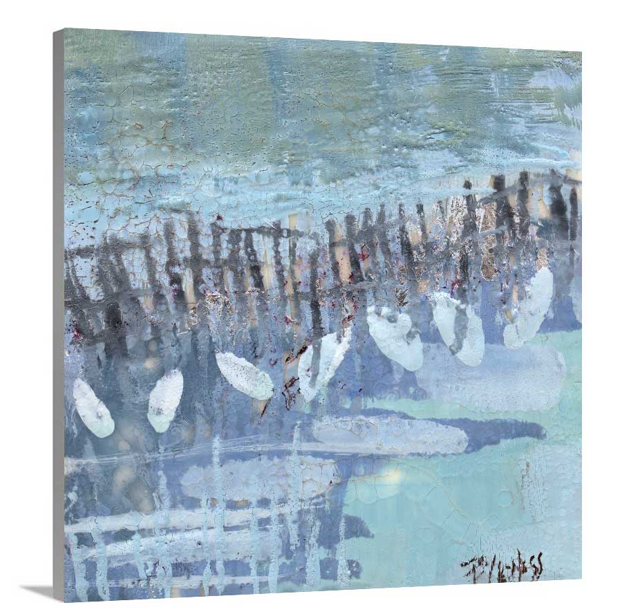 A side-angle view of a blue, lavender and olive green abstract print on canvas.