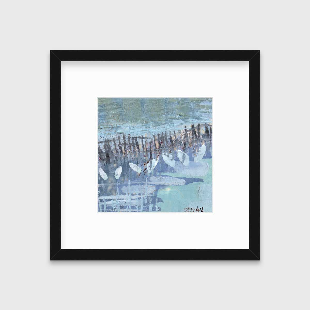 A blue, lavender and olive green abstract print in a black frame with a mat hangs on a white wall.