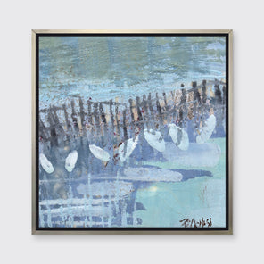 A blue, lavender and olive green abstract print in a silver floater frame.