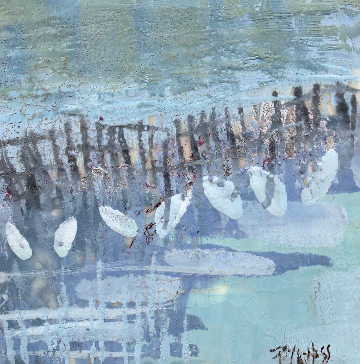 A blue, lavender and olive green abstract print by Linda Bigness.