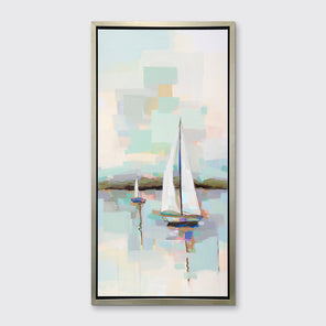 A pastel multicolored abstract sailboat landscape print in a silver floater frame hangs on a white wall.