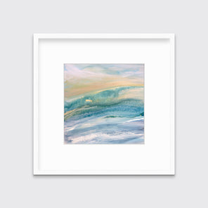 A blue, teal, yellow and white abstract print in a white frame with a mat hangs on a white wall.