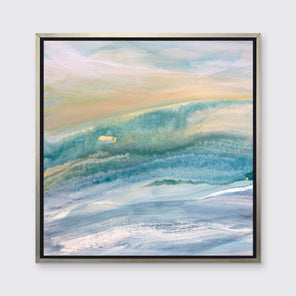 A blue, teal, yellow and white abstract print in a silver floater frame hangs on a white wall.