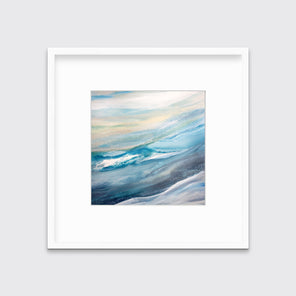 A blue, teal, yellow and white abstract print in a white frame with a mat hangs on a white wall.