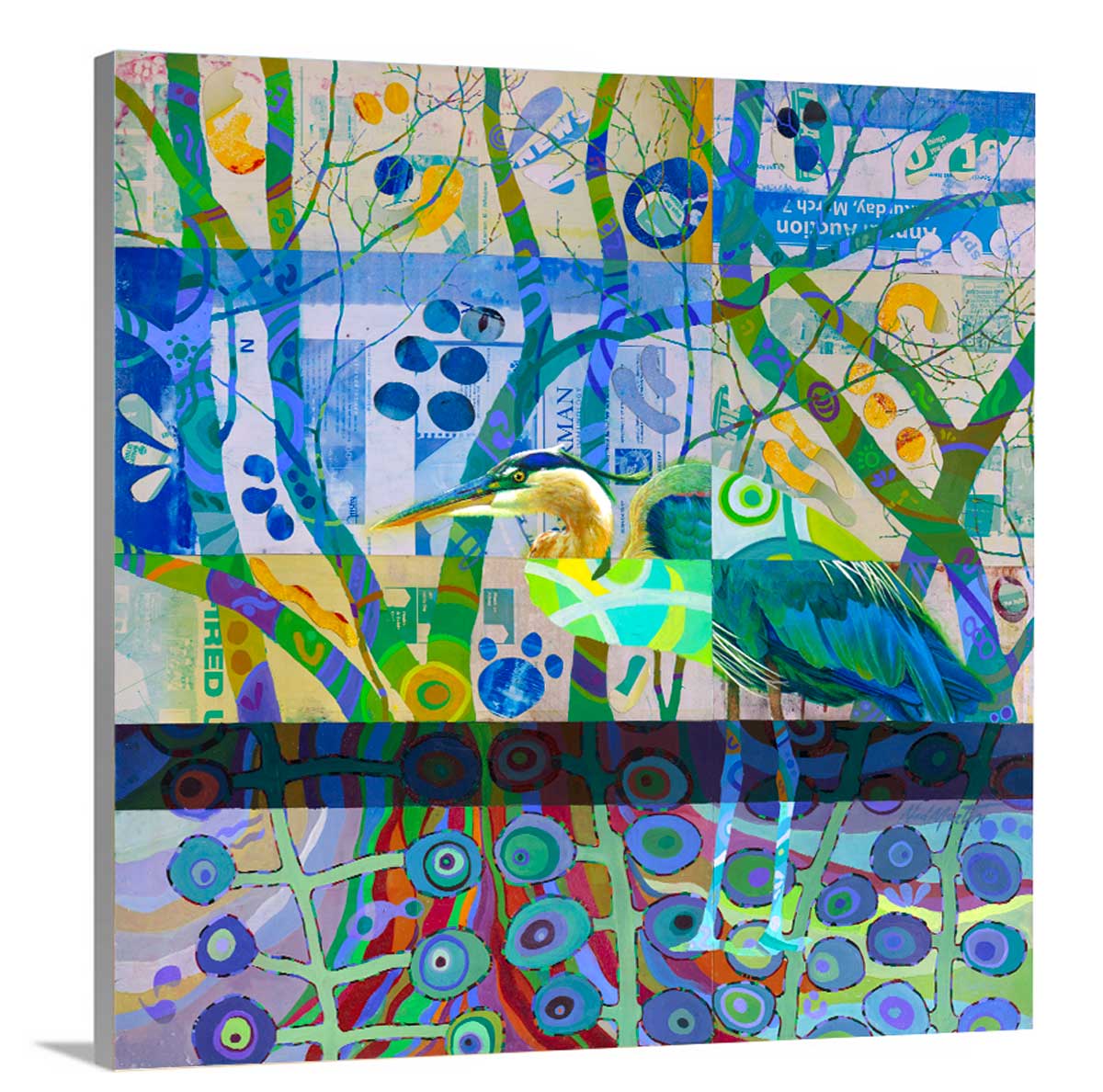 A side-angle view of a multicolored abstract print of a bird on canvas.