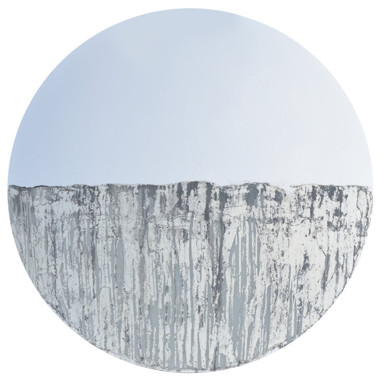 Circular mirror with grey mixed media painting on lower half. 