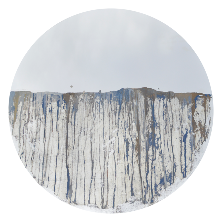 Circular mirror with blue and gold mixed media painting on lower half. 