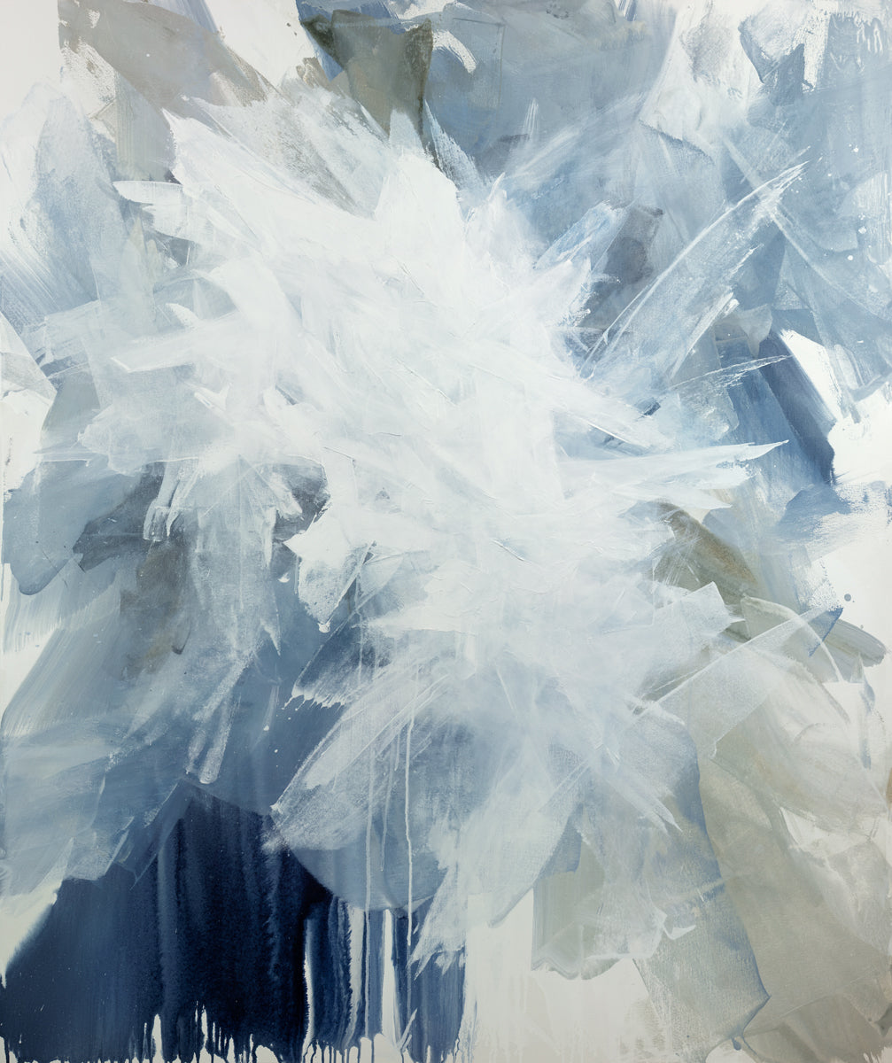 A white, blue and grey abstract print by Teodora Guererra.
