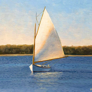 A blue and beige contemporary seascape print with a sailboat by Daniel Pollera.