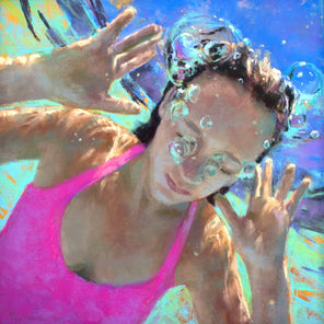 A pastel of a girl in a pink swimsuit underwater, with bubbles coming out of her nose.