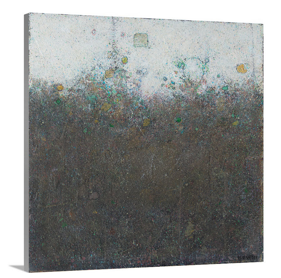 A side-angle view of a dark olive green abstract landscape print by Elwood Howell on canvas.