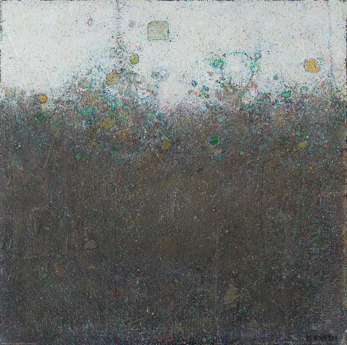 A dark olive green abstract landscape print with yellow and black accents by Elwood Howell.