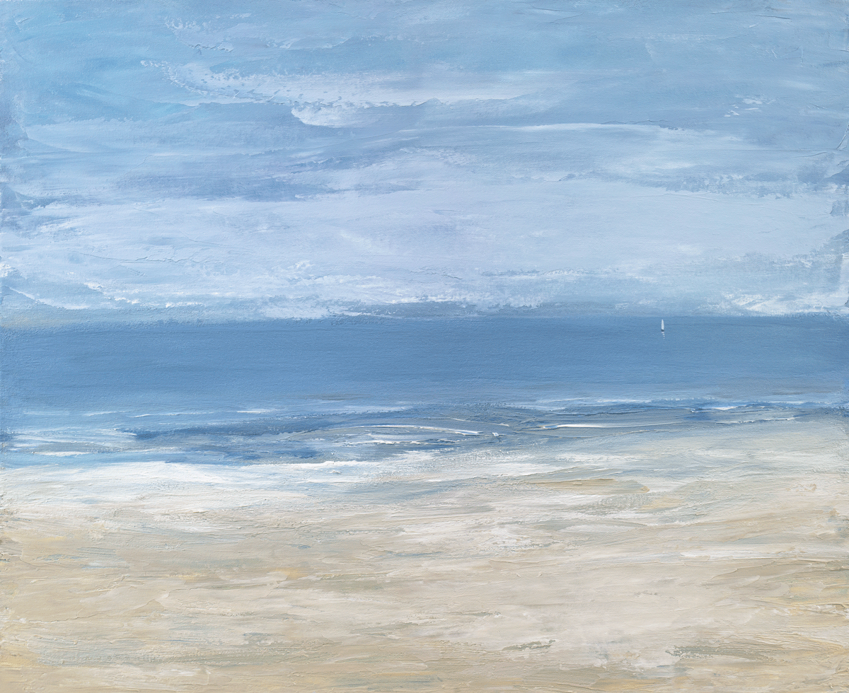 A blue, light blue, white and beige abstract seascape print by S. Cora Aldo.