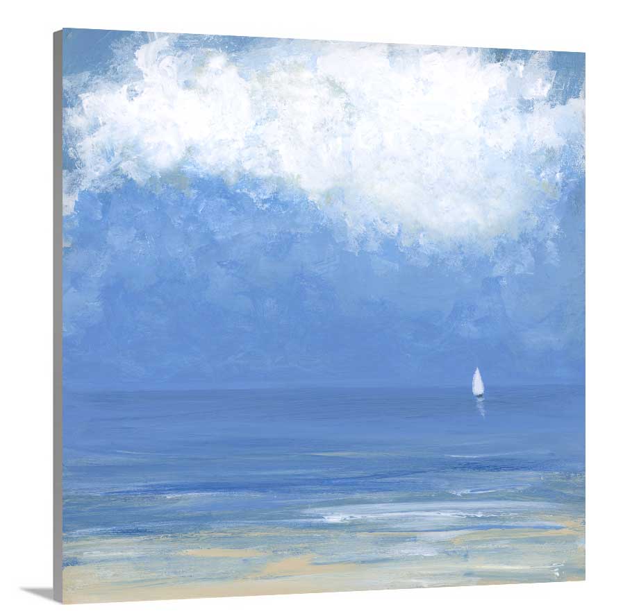 A side-angle view of a blue, beige and white abstract seascape print with a small sailboat on canvas.