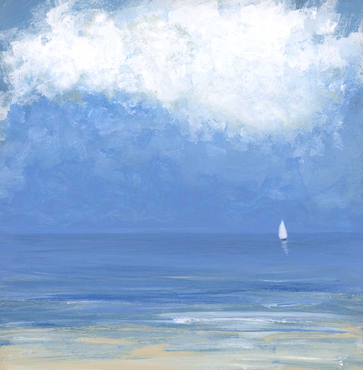 A blue, beige and white abstract seascape print with a small sailboat by S. Cora Aldo.