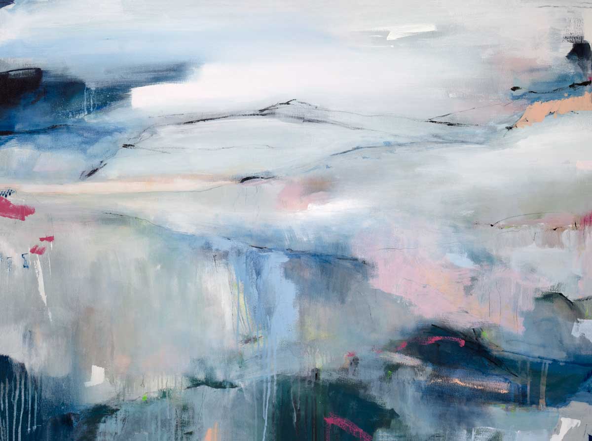 A blue, green and white abstract painting by Kelly Rossetti.