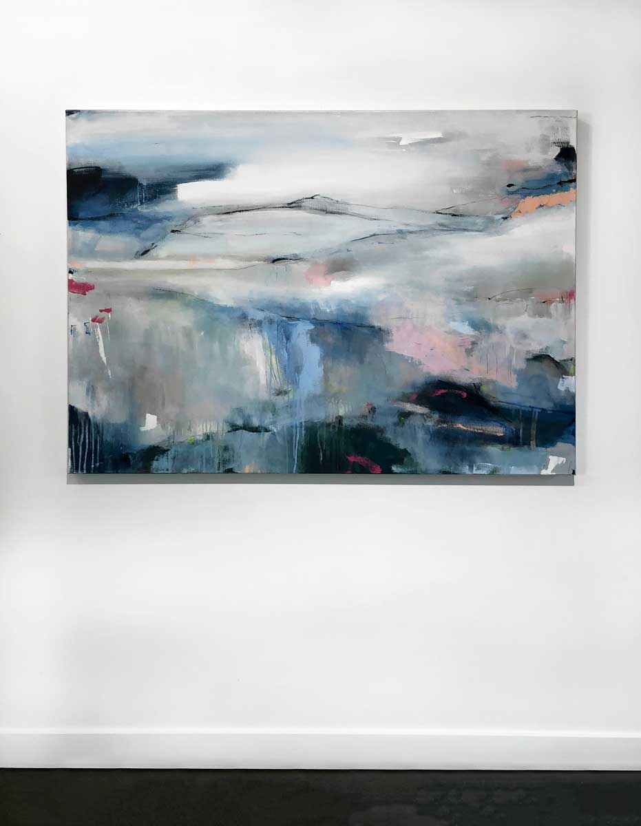 An abstract painting by Kelly Rossetti hangs on a white wall.