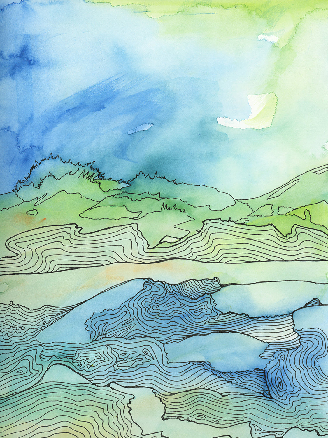 A green and blue abstract landscape illustration print by Melissa Kircher.