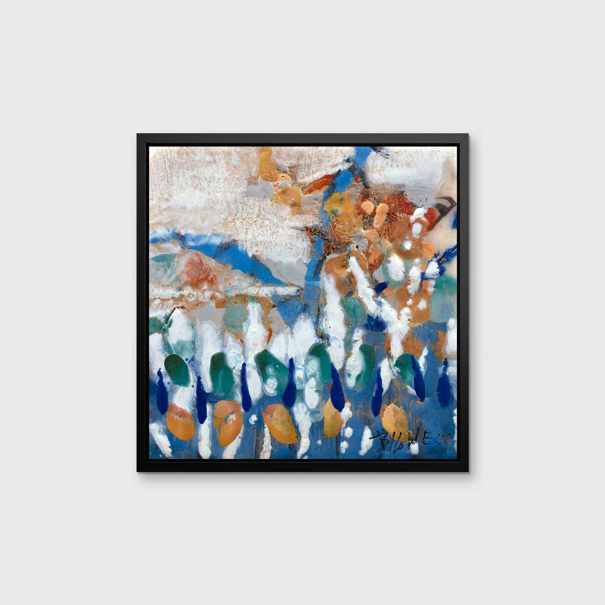 A multicolored abstract print in a black floater frame hangs on a white wall.