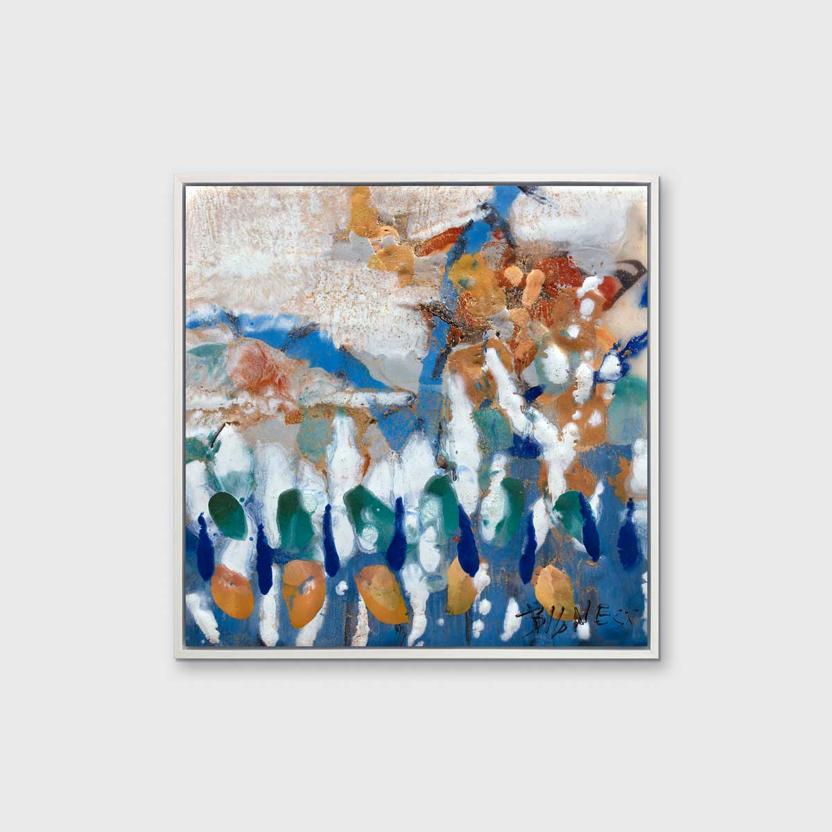 A multicolored abstract print in a white floater frame hangs on a white wall.