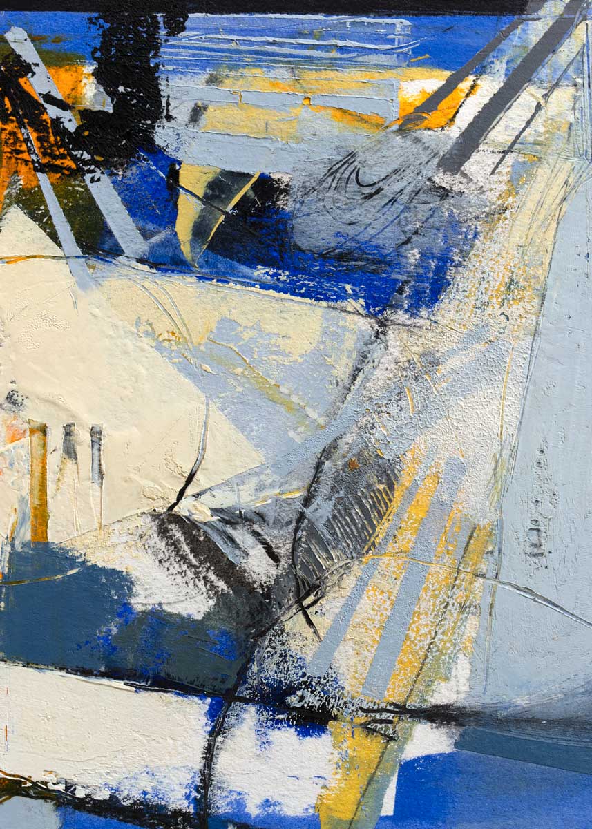 A blue, white, yellow and black abstract print by Kelly Rossetti.