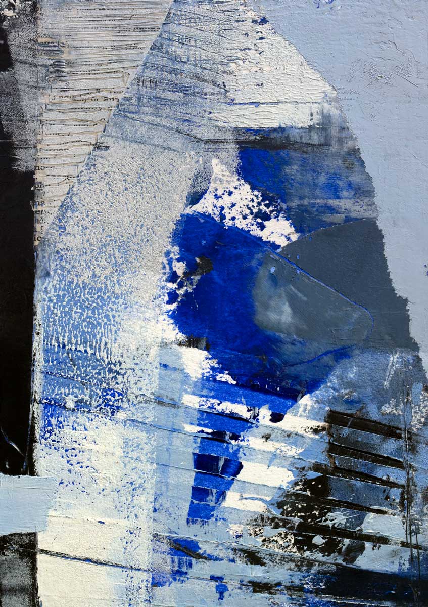 A blue, white and black abstract print by Kelly Rossetti.