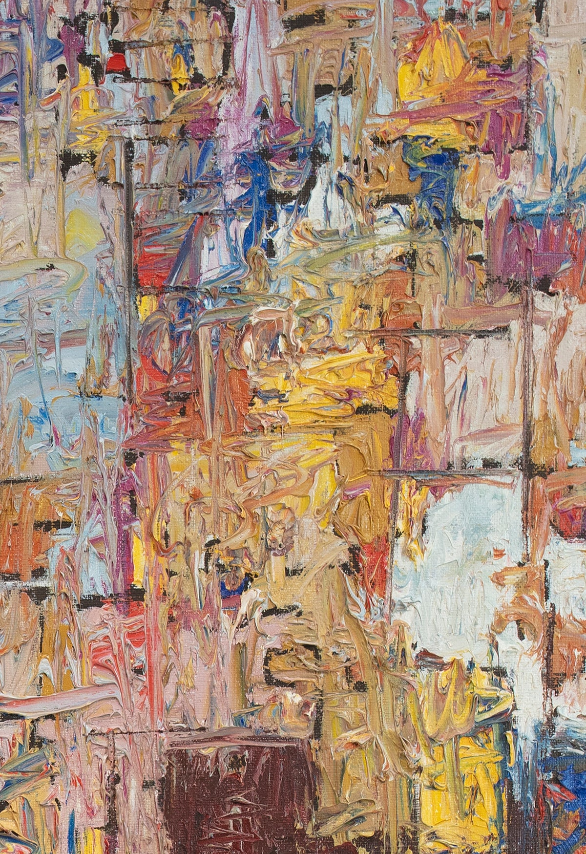 Detailed abstract expressionist painting with mixture of colored oils forming shapes.