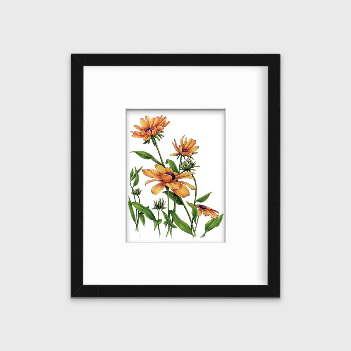 Yellow and orange flowers with a purple center and green stems and leaves print in a black frame with a mat hangs on a white wall.