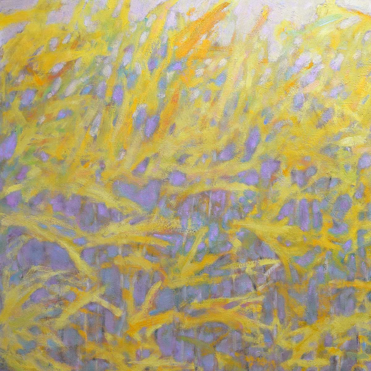 A close up of the yellow and orange leaves against a lavender grey background in Ken Elliott's painting. 