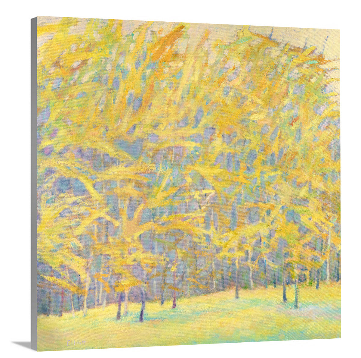 A side-angle view of a yellow and blue abstract tree landscape print on canvas.