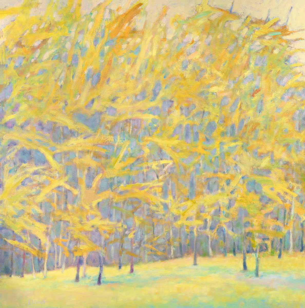 A yellow and blue abstract tree landscape print by Ken Elliott.