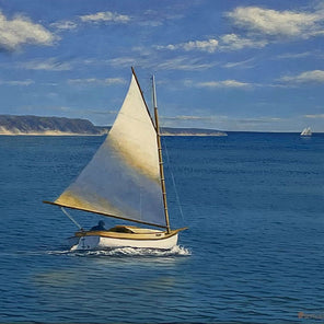 A coastal painting by Daniel Pollera of a boat sailing out of a bay with other sailboats in the distance. 