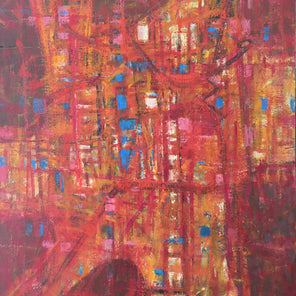 Close up of abstract expressionist painting detailing lines and vibrant reds, blue, and orange colors forming shapes. 