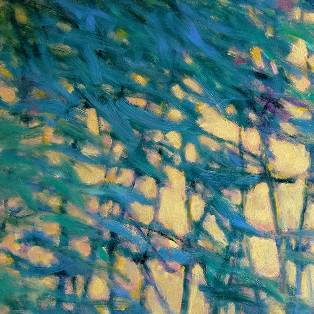 A close up detail of the top left corner teal trees from Ken Elliott's painting, Air Through the Forest.