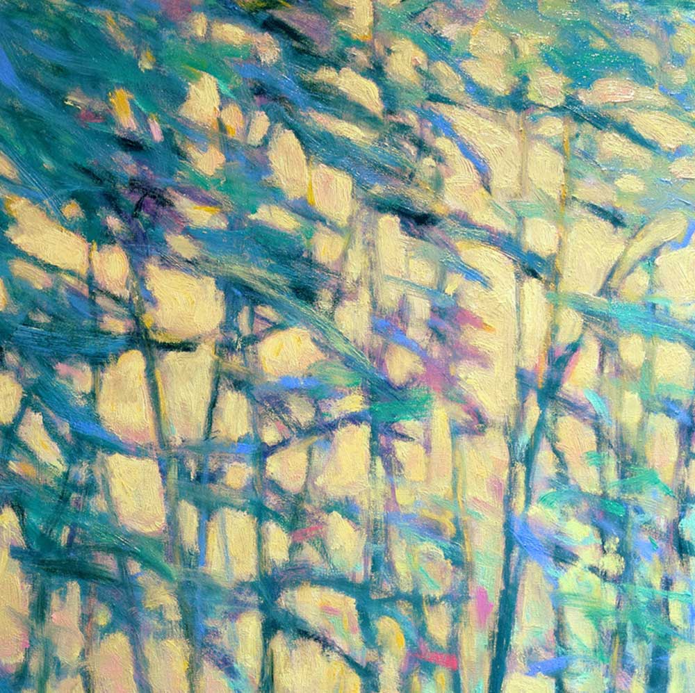 A close detail of the warm yellow background emerging behind the teal tress from Ken Elliott's painting, Air Through the Forest.