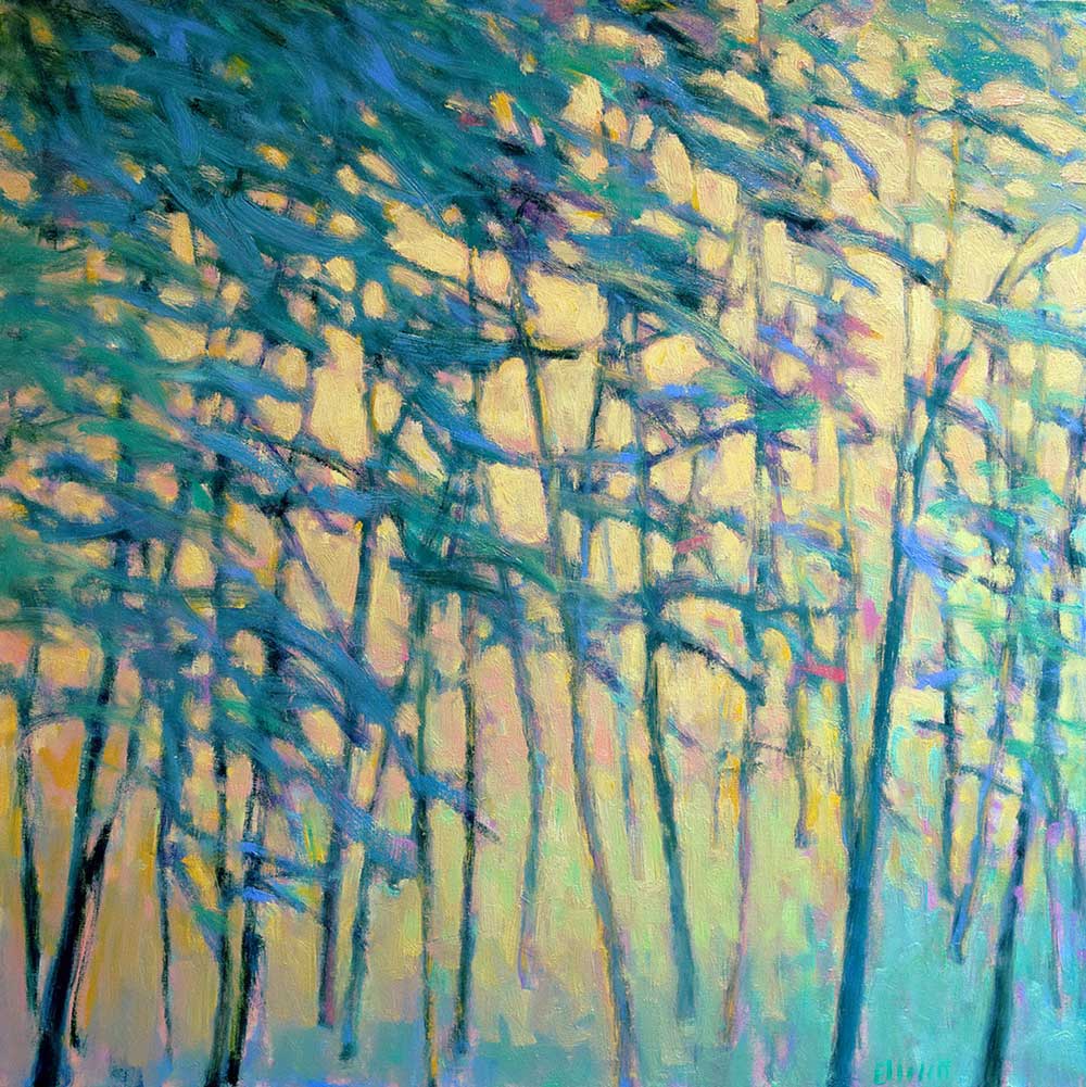 A painted scene of bright blue and teal trees in front of a warm yellow background.