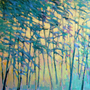A painted scene of bright blue and teal trees in front of a warm yellow background.